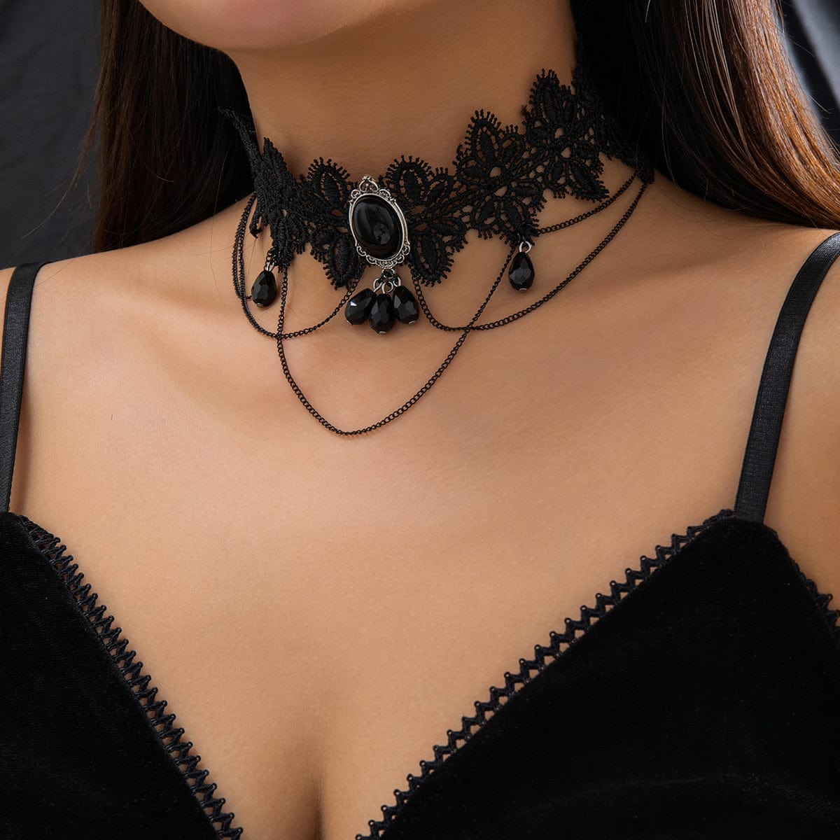 Lolita Layered Cryctal Oval Lace Choker Necklace - ArtGalleryZen