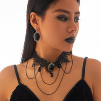 Thumbnail for Lolita Layered Crystal Inlaid Floral Lace Choker Necklace Earrings Set