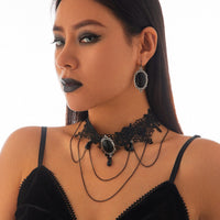 Thumbnail for Lolita Layered Crystal Inlaid Floral Lace Choker Necklace Earrings Set