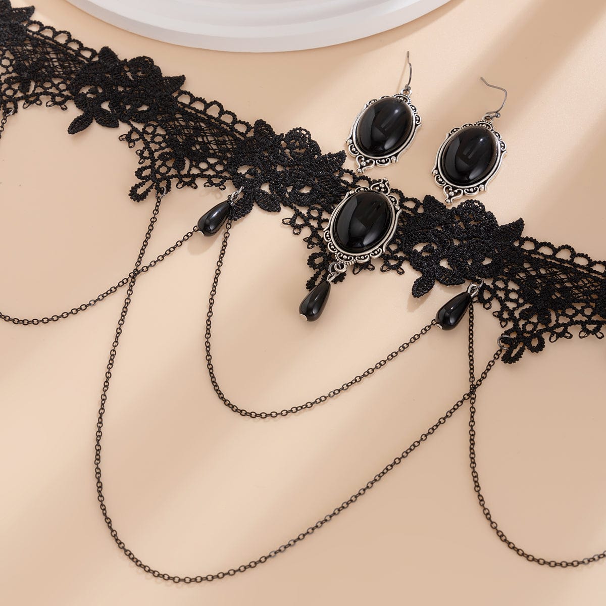 Lolita Layered Crystal Inlaid Floral Lace Choker Necklace Earrings Set