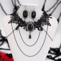 Thumbnail for Lolita Layered Crystal Inlaid Floral Lace Choker Necklace Earrings Set