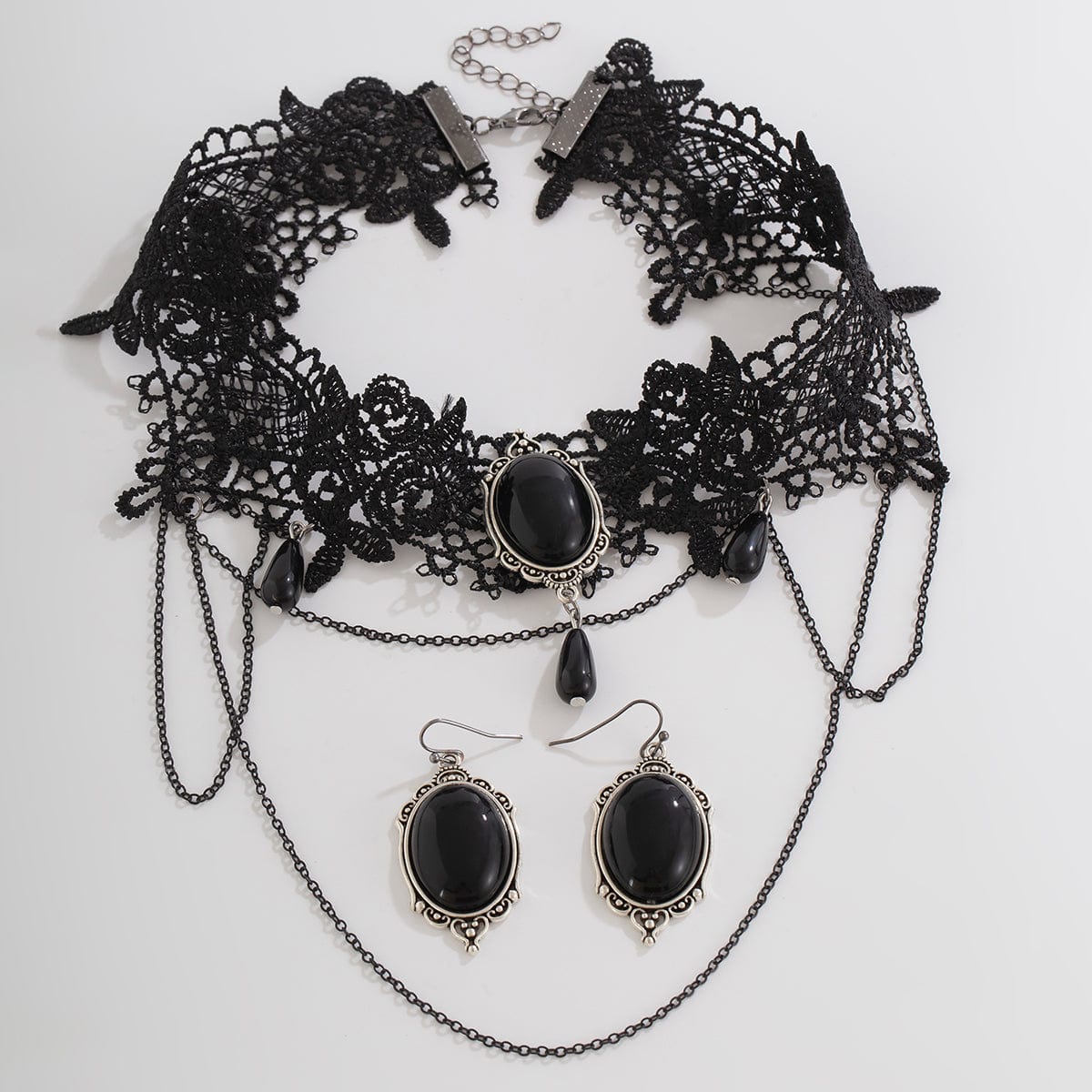 Lolita Layered Crystal Inlaid Floral Lace Choker Necklace Earrings Set