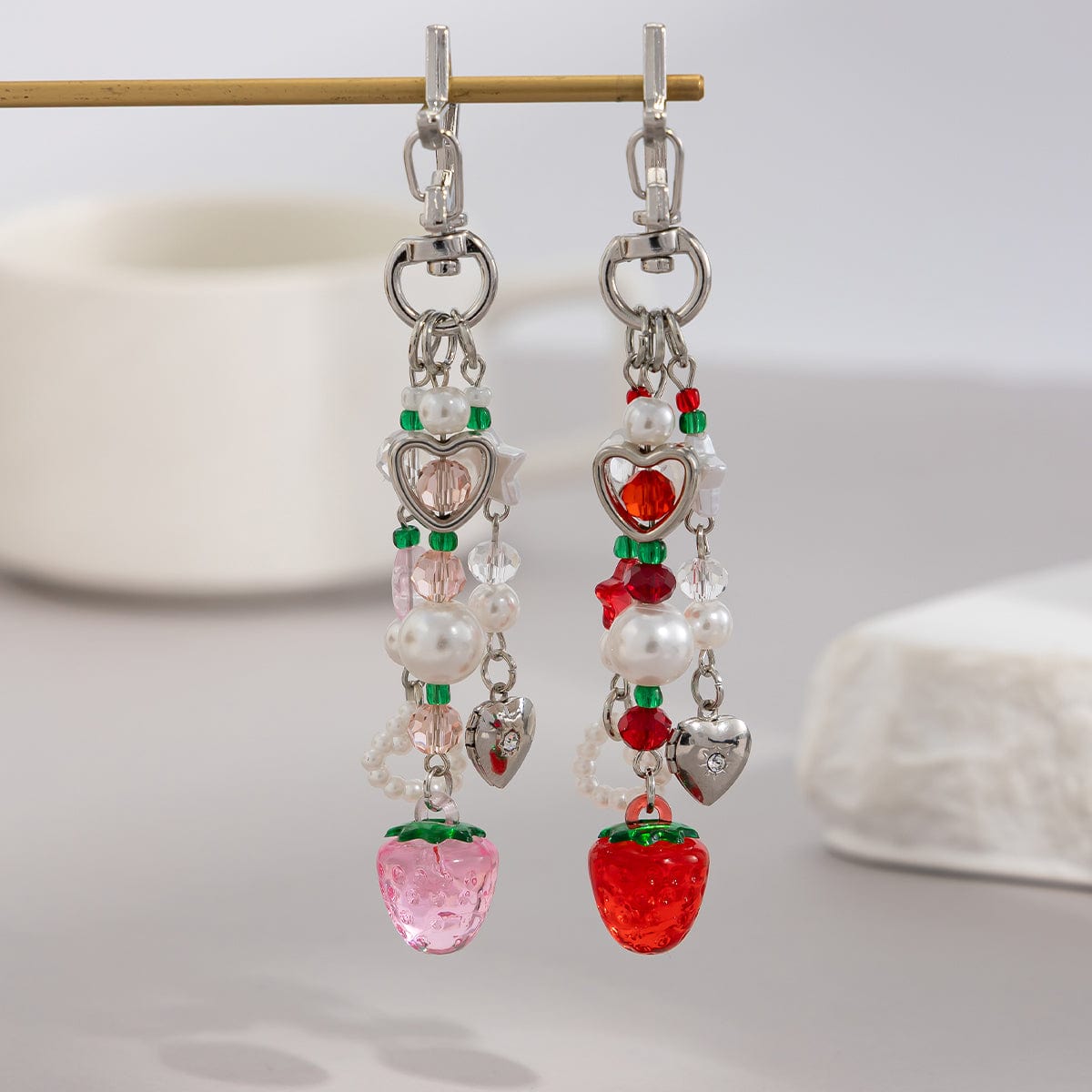 Lovely 2pcs Strawberry Pearl Heart Charm Star Keychain Set - ArtGalleryZen