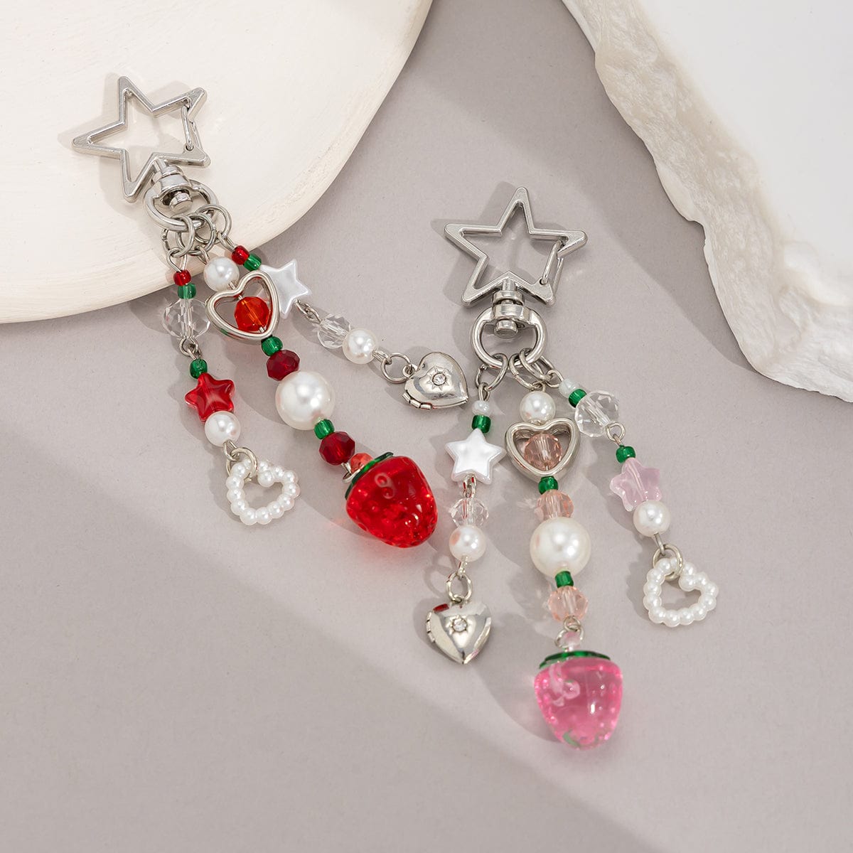 Lovely 2pcs Strawberry Pearl Heart Charm Star Keychain Set - ArtGalleryZen