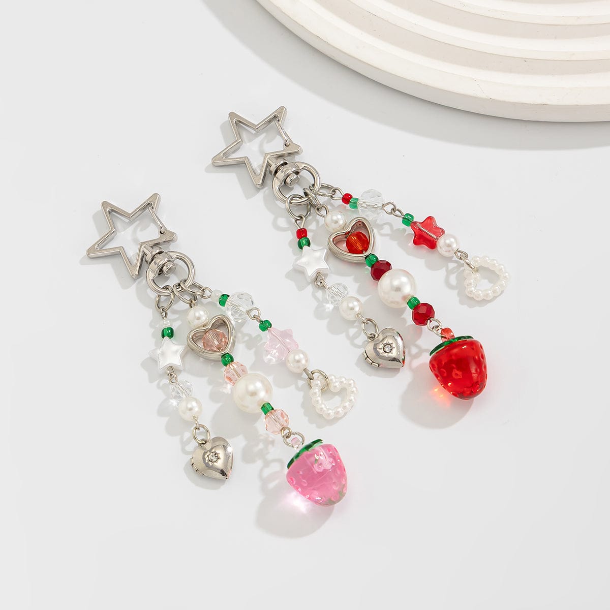 Lovely 2pcs Strawberry Pearl Heart Charm Star Keychain Set - ArtGalleryZen