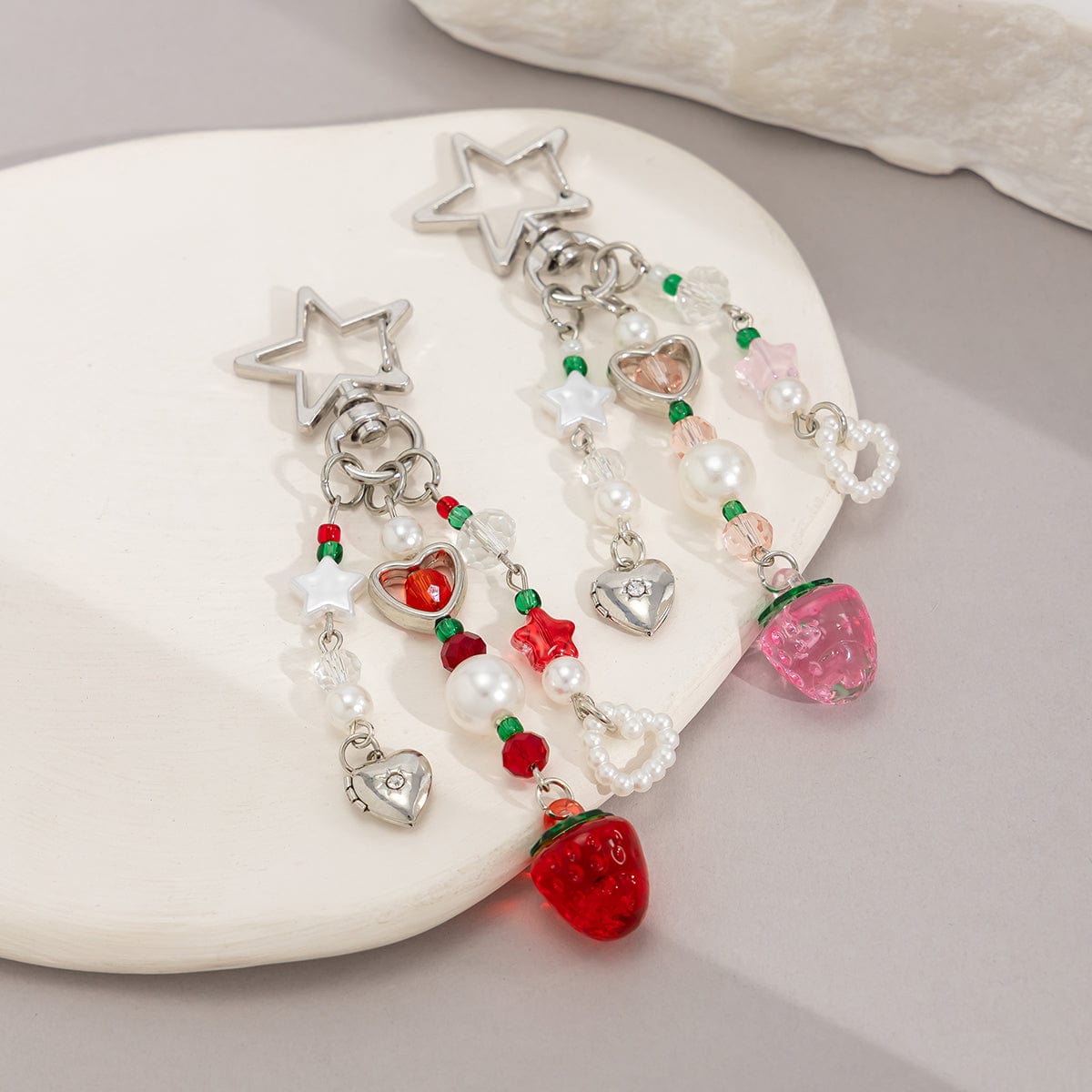 Lovely 2pcs Strawberry Pearl Heart Charm Star Keychain Set - ArtGalleryZen