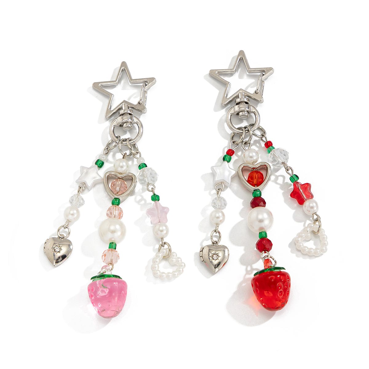 Lovely 2pcs Strawberry Pearl Heart Charm Star Keychain Set - ArtGalleryZen