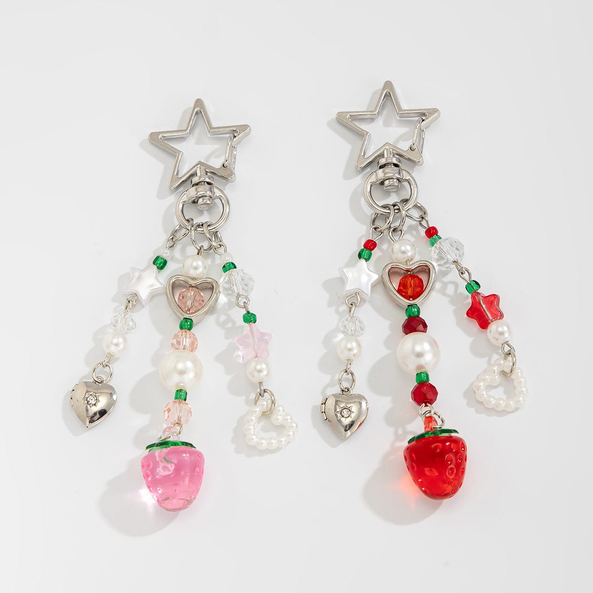 Lovely 2pcs Strawberry Pearl Heart Charm Star Keychain Set - ArtGalleryZen