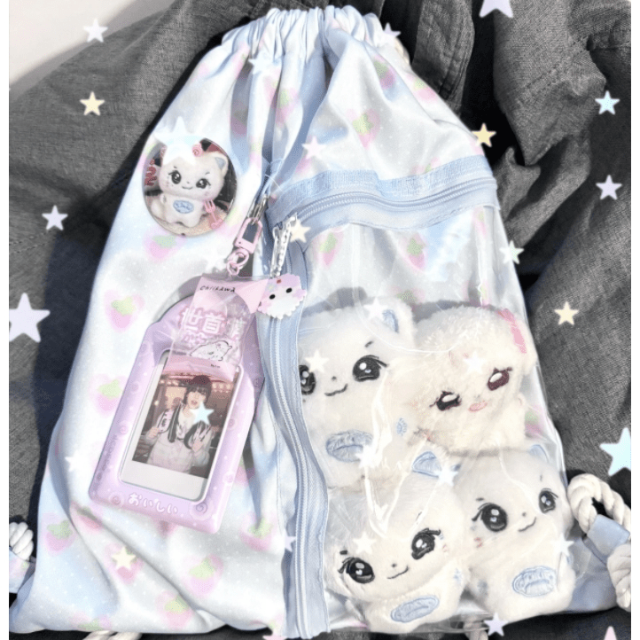 Lucky Clover Strawberry Pudding Kpop Fan Display Drawstring Backpack - ArtGalleryZen