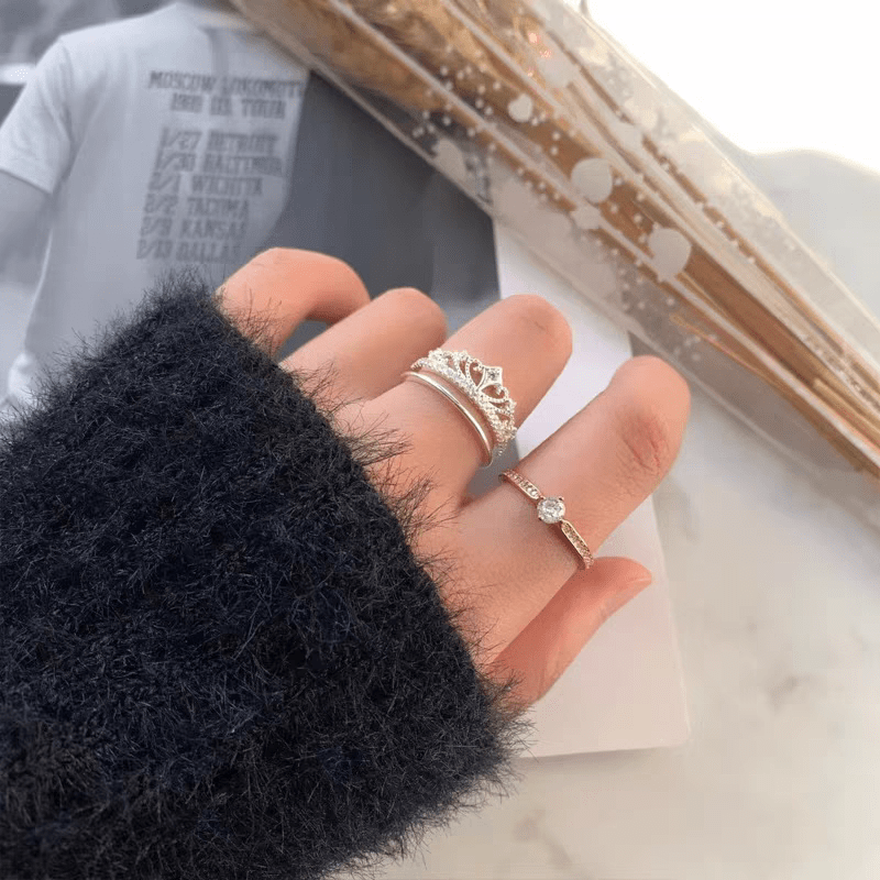 Lux 2 Pieces Stackable Crystal Crown Ring Set - ArtGalleryZen