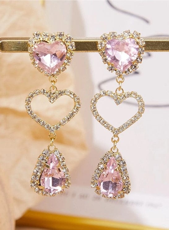 LUX Pink Rhinestone Heart Dangle Earrings - ArtGalleryZen