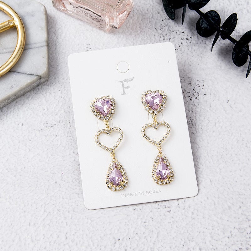 LUX Pink Rhinestone Heart Dangle Earrings - ArtGalleryZen