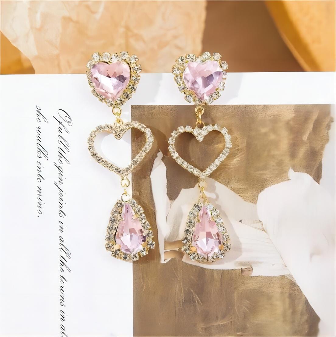 LUX Pink Rhinestone Heart Dangle Earrings - ArtGalleryZen