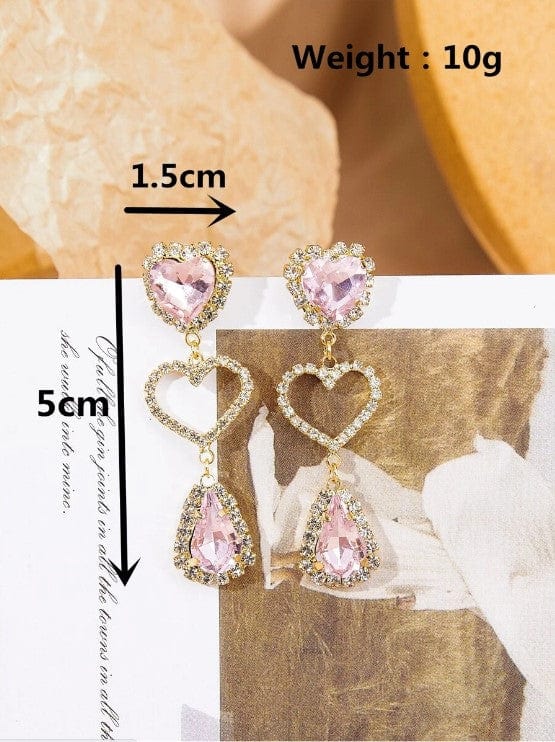 LUX Pink Rhinestone Heart Dangle Earrings - ArtGalleryZen