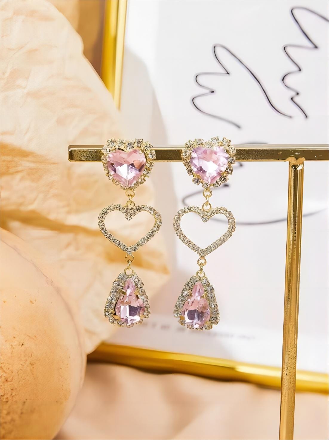 LUX Pink Rhinestone Heart Dangle Earrings - ArtGalleryZen