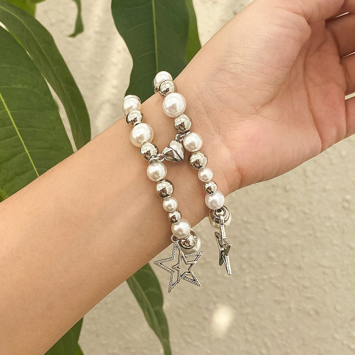 Magnetic Star Heart Charm Matching Pearl Bracelet Set