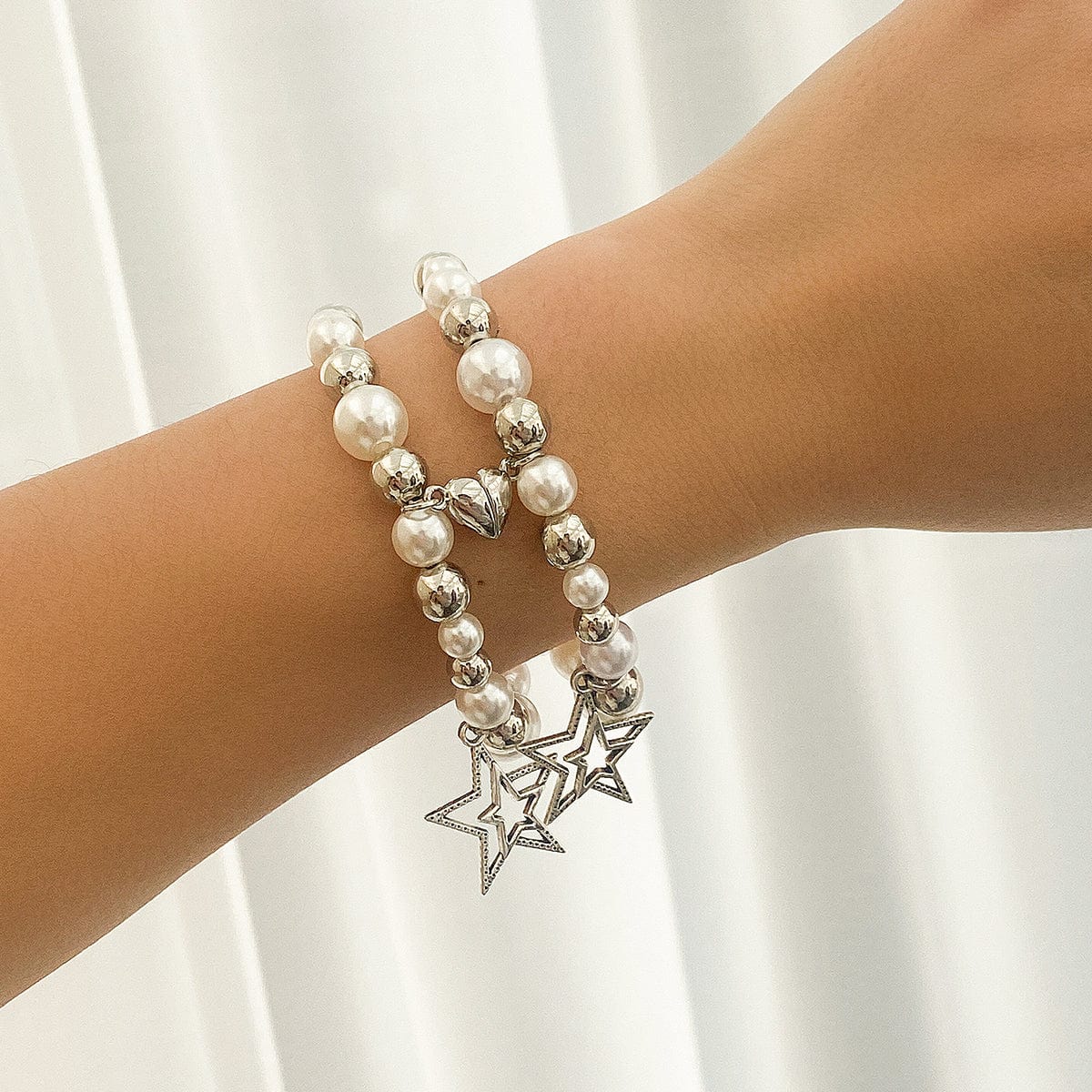 Magnetic Star Heart Charm Matching Pearl Bracelet Set