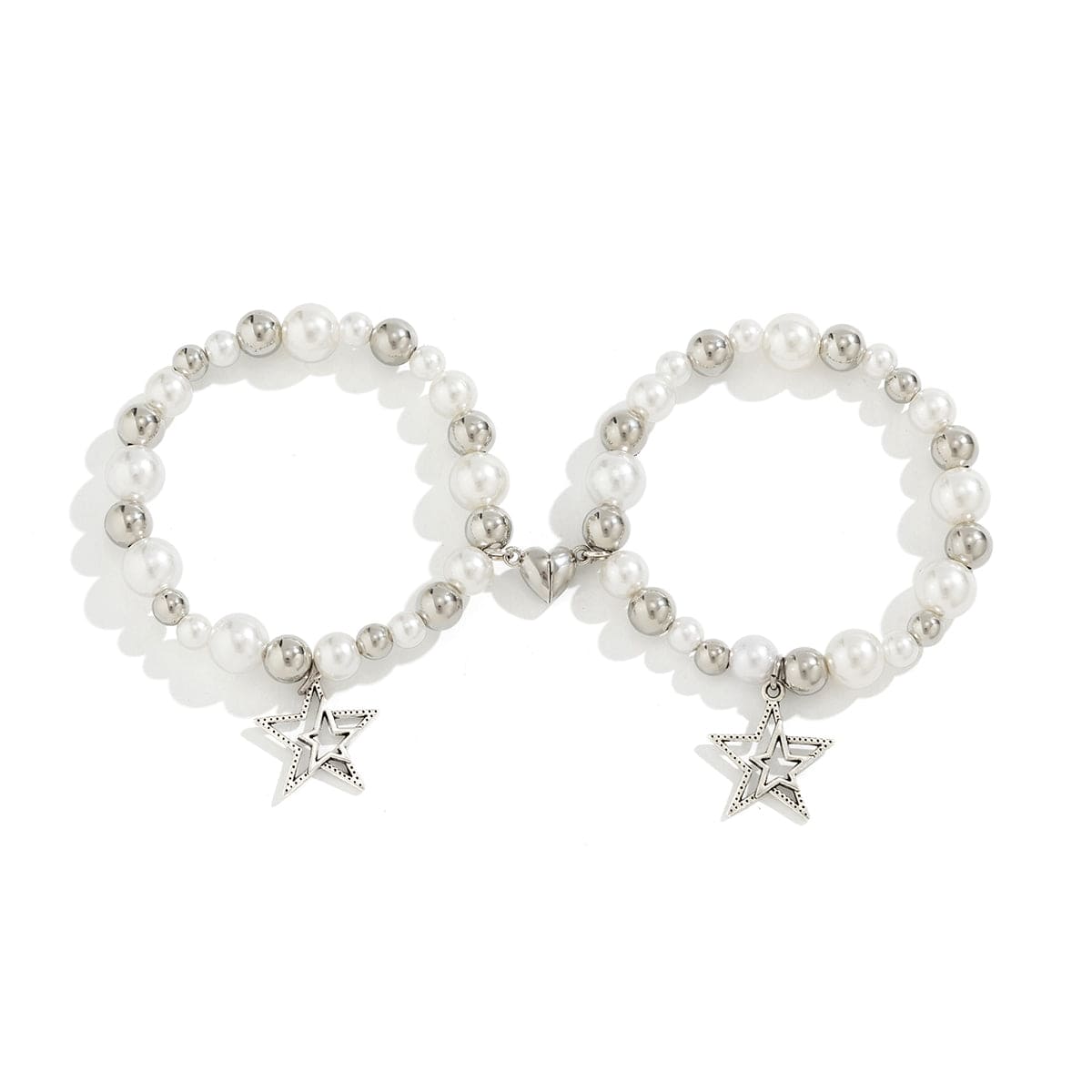 Magnetic Star Heart Charm Matching Pearl Bracelet Set