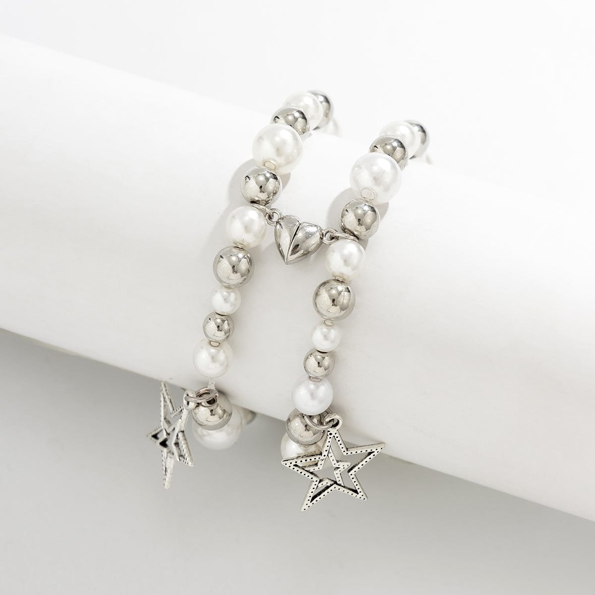 Magnetic Star Heart Charm Matching Pearl Bracelet Set