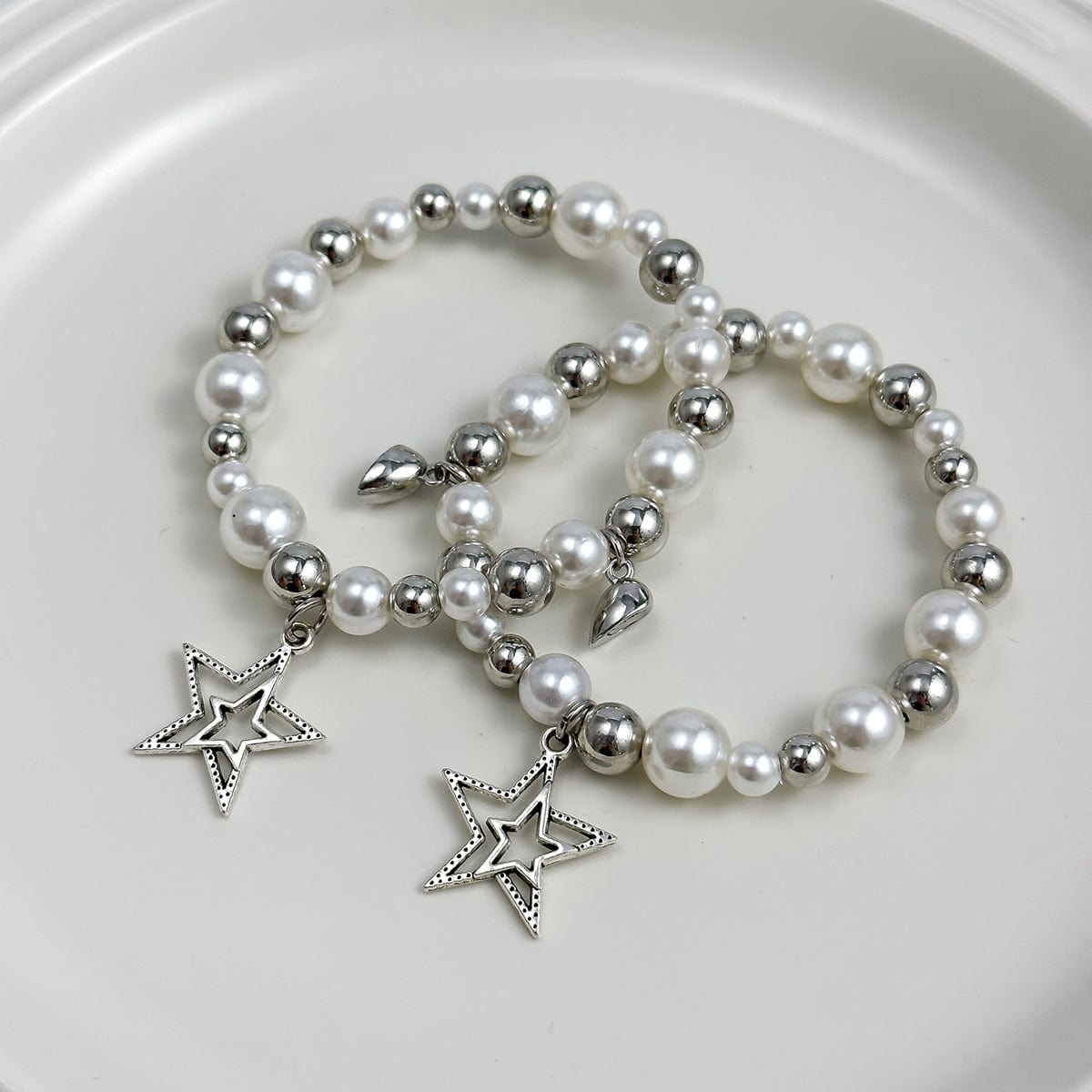 Magnetic Star Heart Charm Matching Pearl Bracelet Set