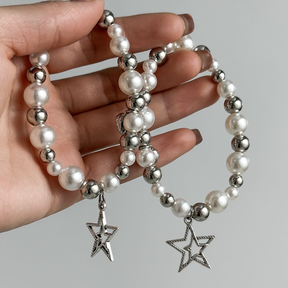 Magnetic Star Heart Charm Matching Pearl Bracelet Set