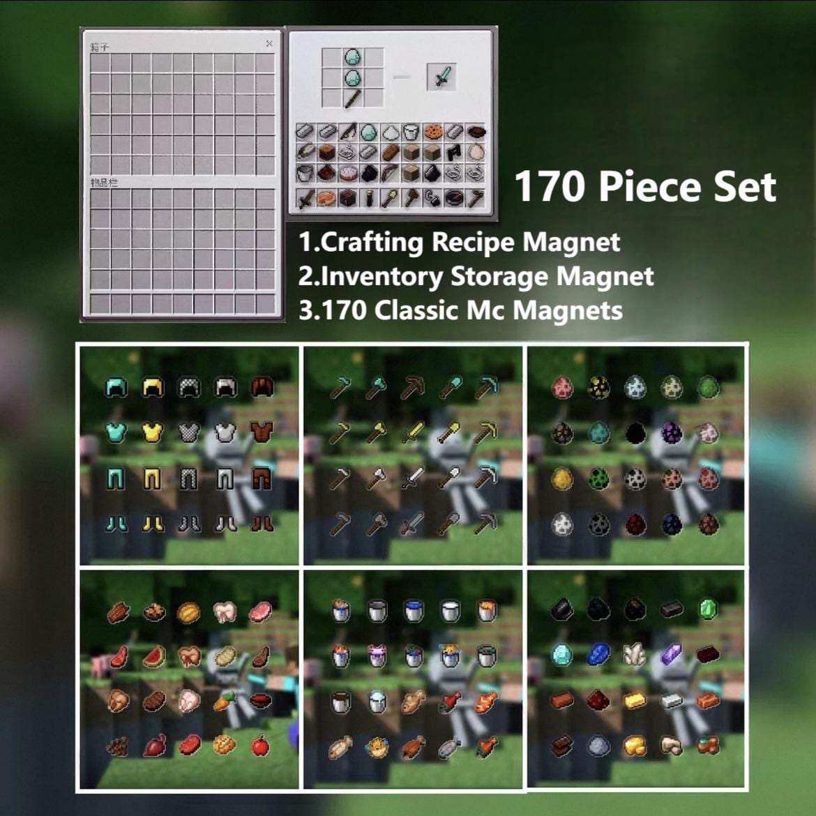 Minecraft-themed product set with magnets on a blurred Minecraft world background