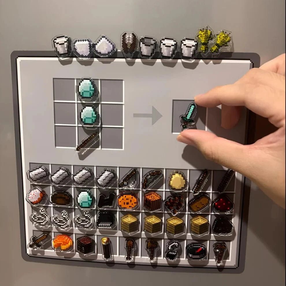 A person placing a small, pellet-shaped fridge magnet on a grid-style magnetic surface, with various other magnets shaped like game items from 'Minecraft'.