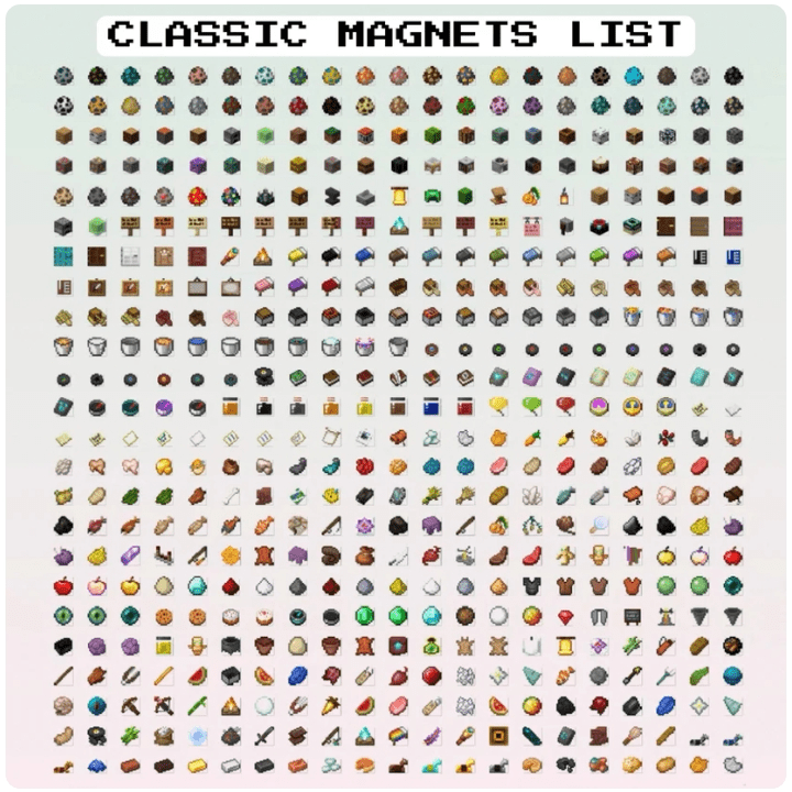 List of classic magnets with various designs on a white background