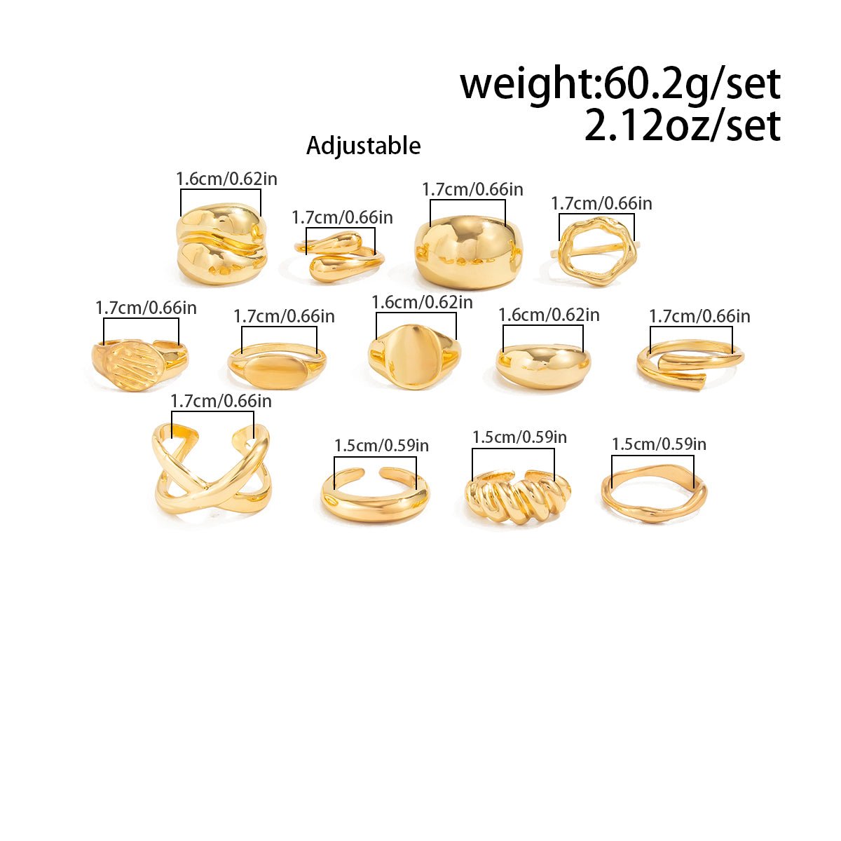 Minimalist 13pcs Gold Silver Tone Chunky Waterdrop Hollow Ring Set - ArtGalleryZen