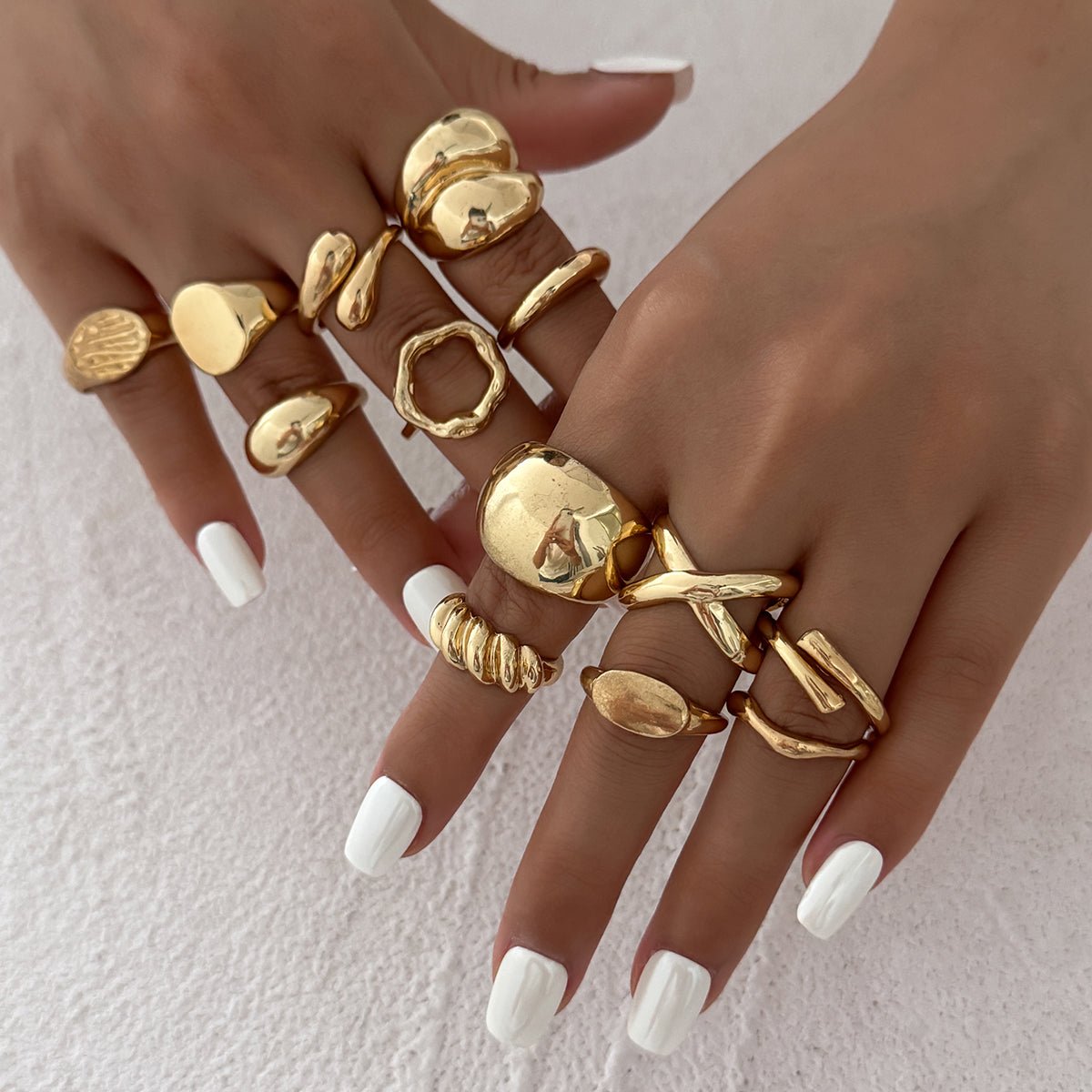 Minimalist 13pcs Gold Silver Tone Chunky Waterdrop Hollow Ring Set - ArtGalleryZen