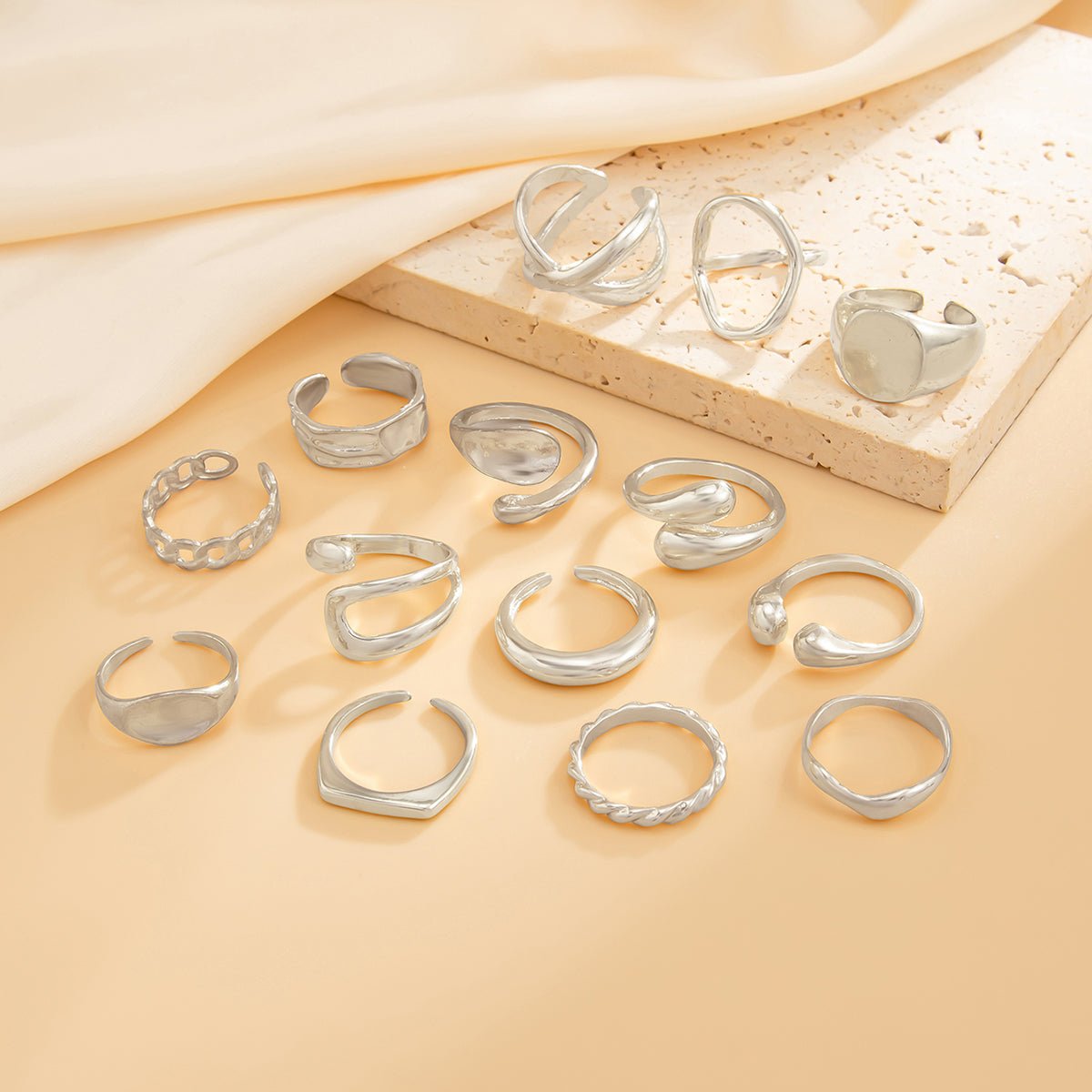 Minimalist 14pcs Chunky Hollow Waterdrop Ring Set - ArtGalleryZen
