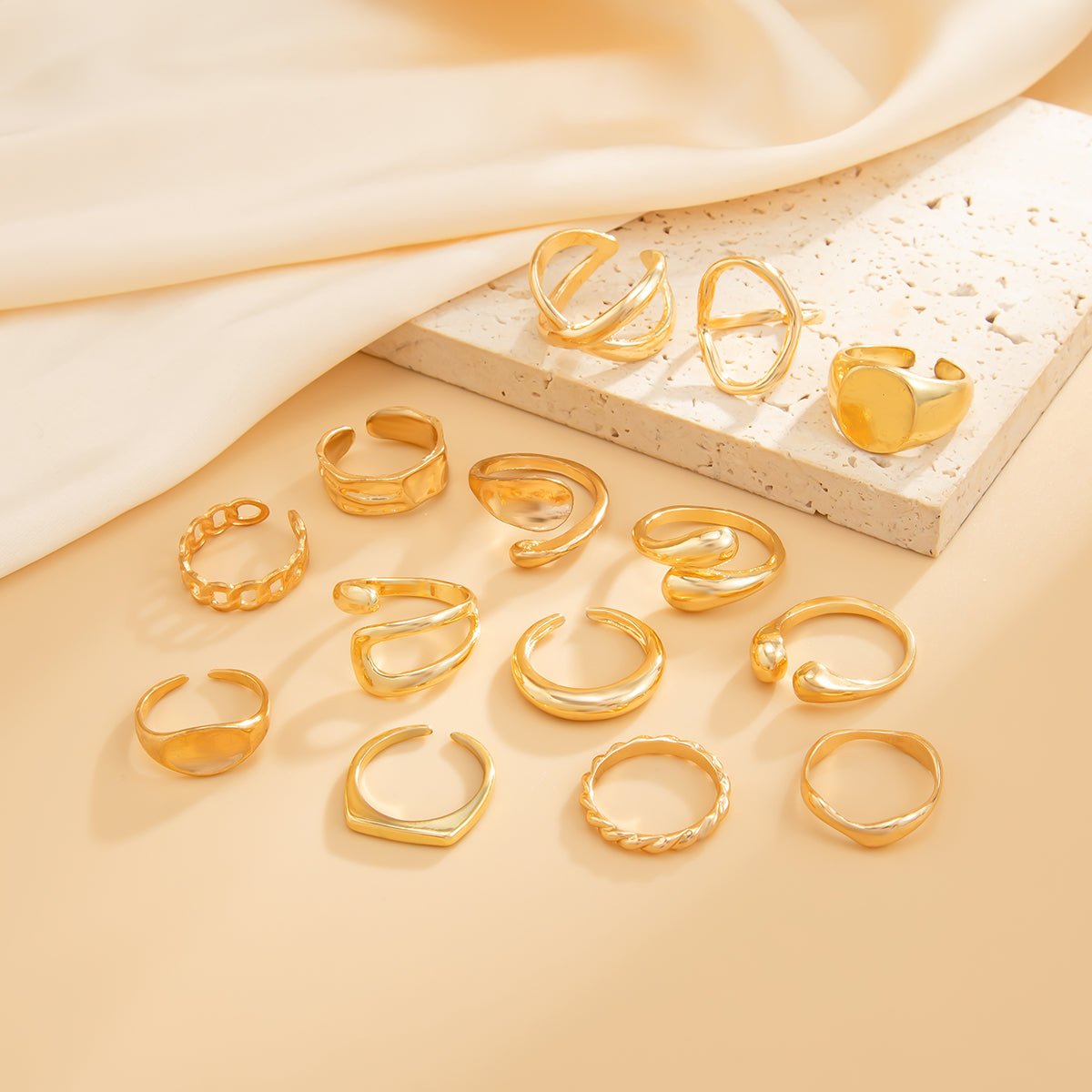 Minimalist 14pcs Chunky Hollow Waterdrop Ring Set - ArtGalleryZen