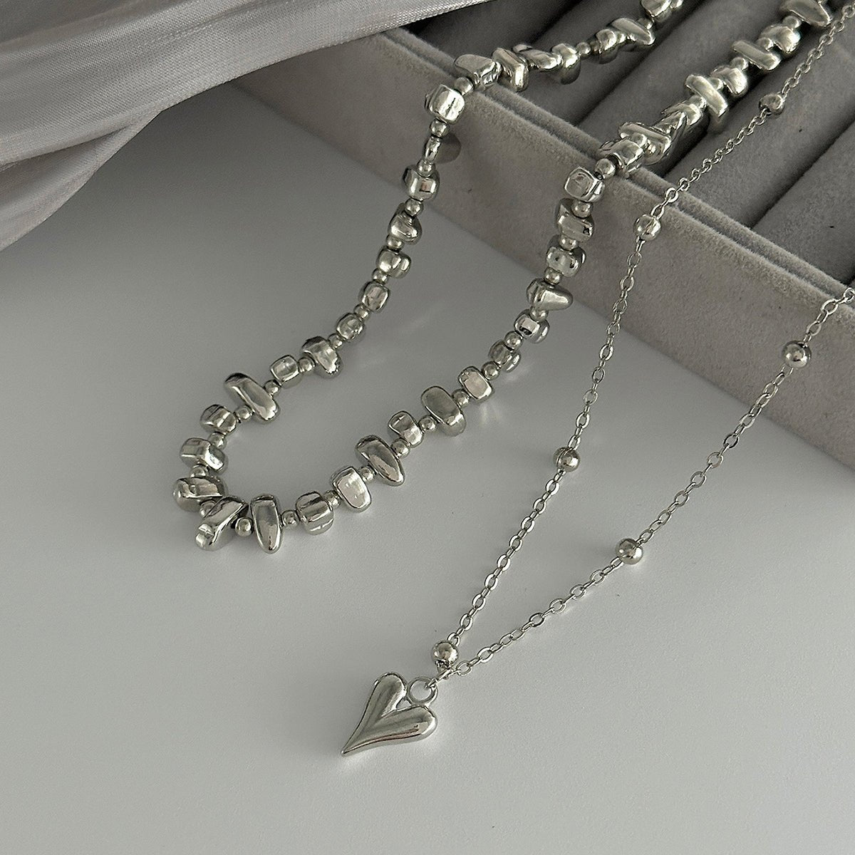 Minimalist 2pcs Heart Pendant Irregular Beaded Chain Necklace Set - ArtGalleryZen