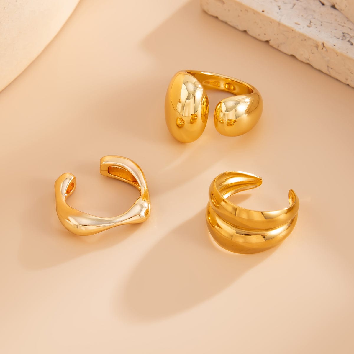 Minimalist 3pcs Gold Silver Plated Asymmetric Curved Ring Set - ArtGalleryZen
