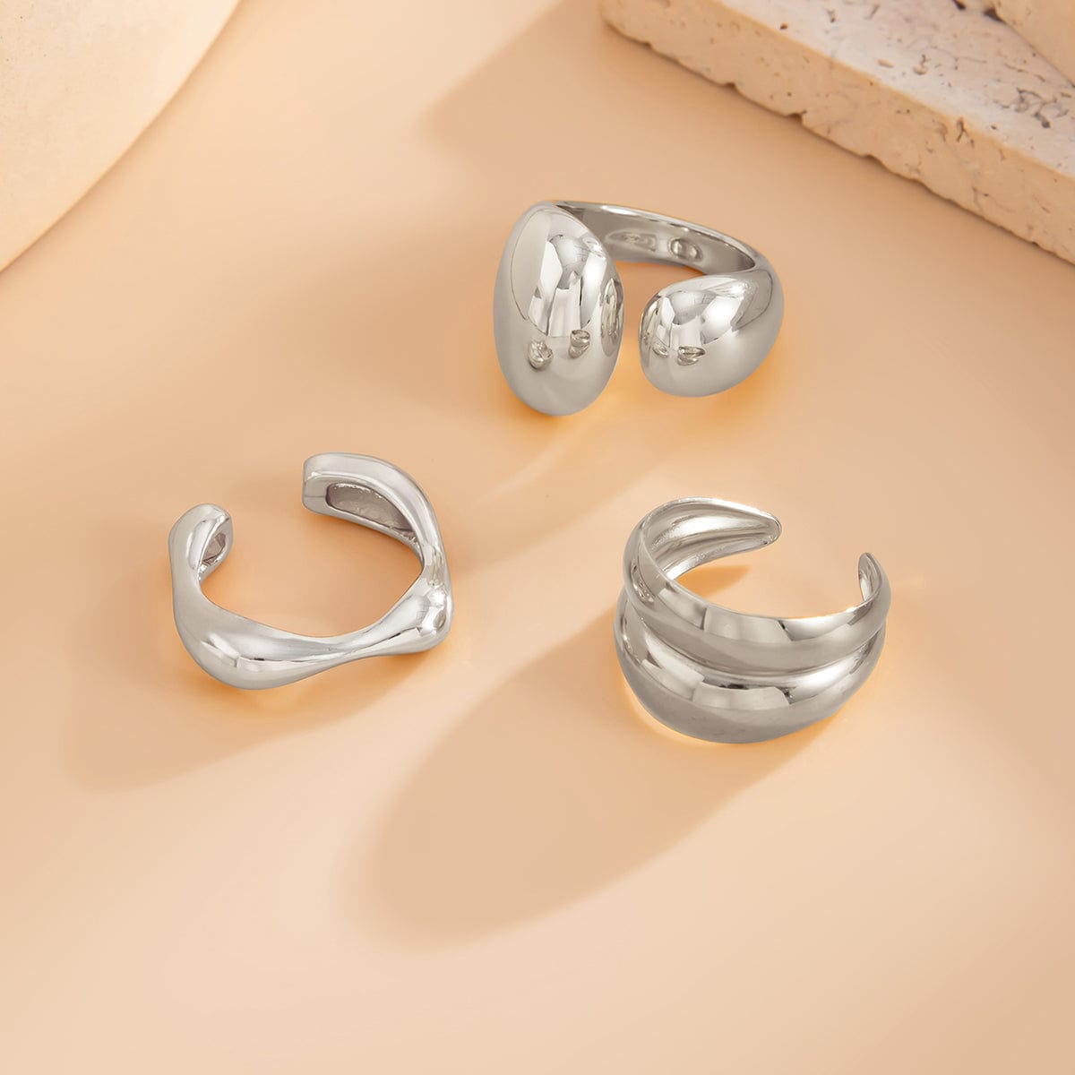 Minimalist 3pcs Gold Silver Plated Asymmetric Curved Ring Set - ArtGalleryZen