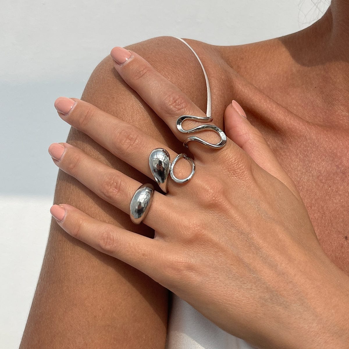 Minimalist 3pcs Gold Silver Plated Curved Hollow Ring Set - ArtGalleryZen