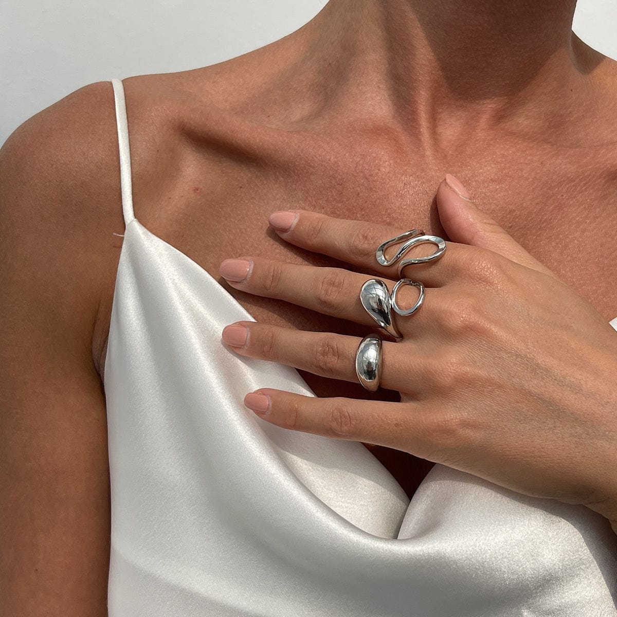 Minimalist 3pcs Gold Silver Plated Curved Hollow Ring Set - ArtGalleryZen