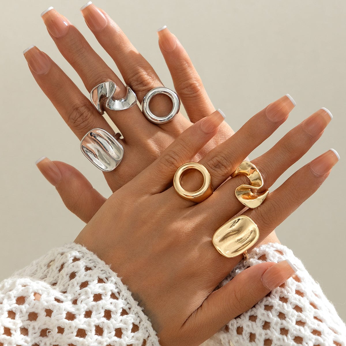 Minimalist 3pcs Hollow Pleated Square Open Ring Set - ArtGalleryZen