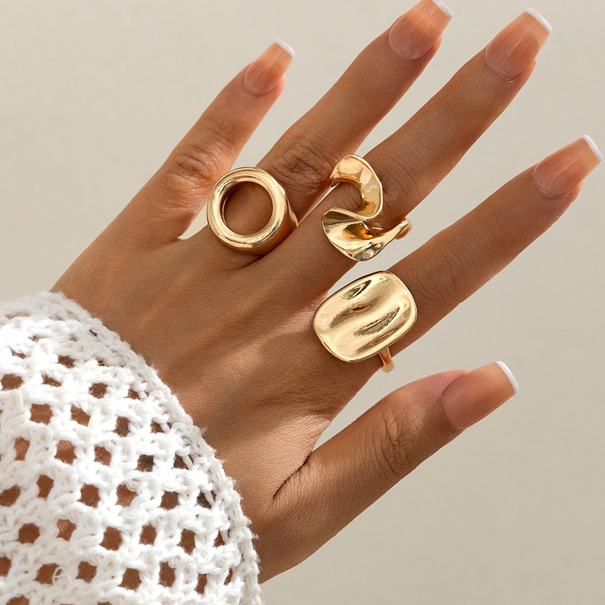 Minimalist 3pcs Hollow Pleated Square Open Ring Set - ArtGalleryZen