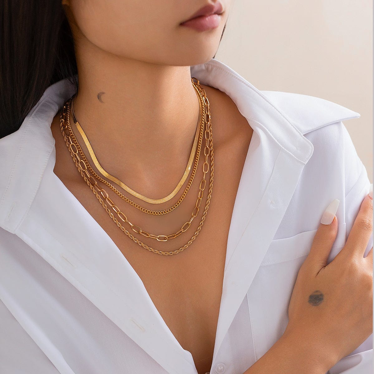 Minimalist 4pcs Gold Tone Cable Rope Snake Chain Necklace Set