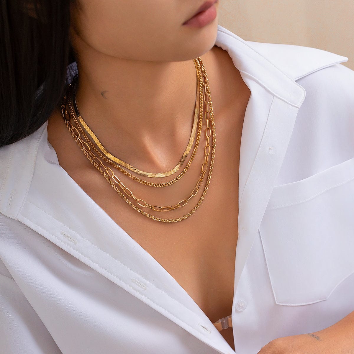 Minimalist 4pcs Gold Tone Cable Rope Snake Chain Necklace Set