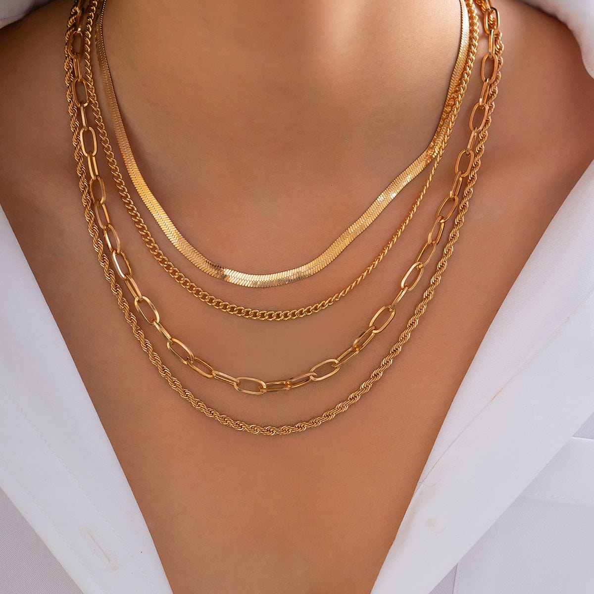 Minimalist 4pcs Gold Tone Cable Rope Snake Chain Necklace Set