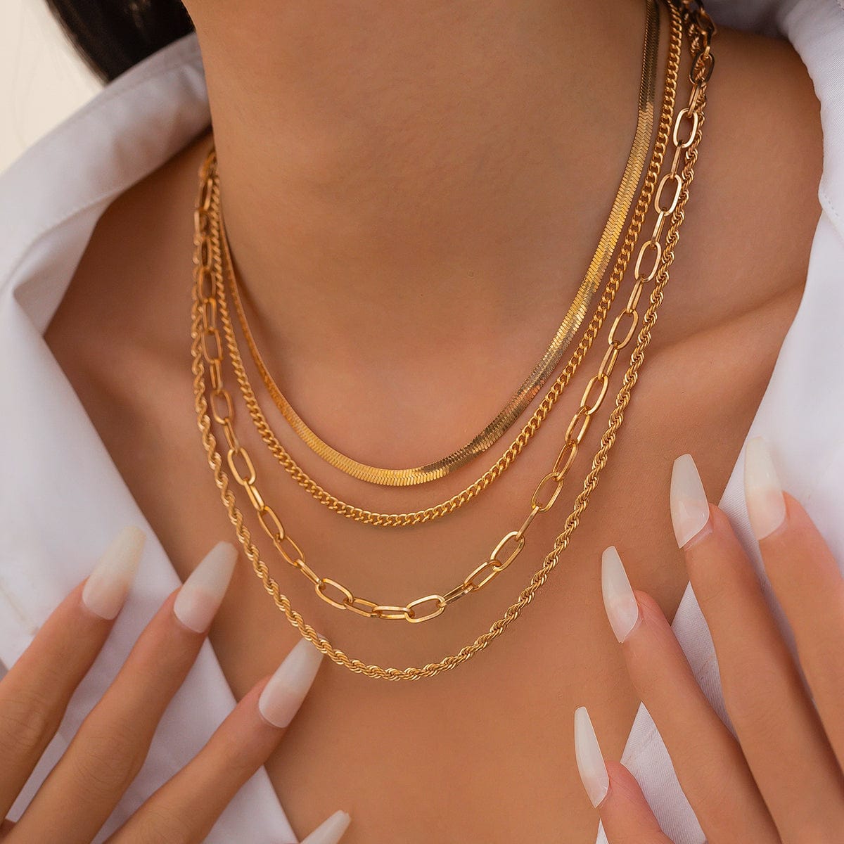 Minimalist 4pcs Gold Tone Cable Rope Snake Chain Necklace Set