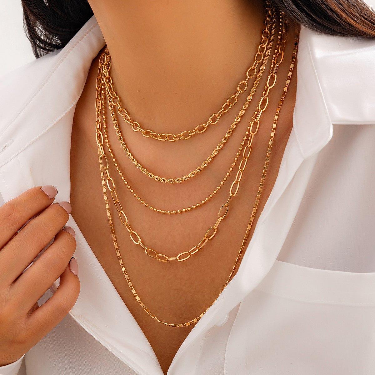 Minimalist 5pcs Gold Plated Cable Rope Ball Chain Necklace Set