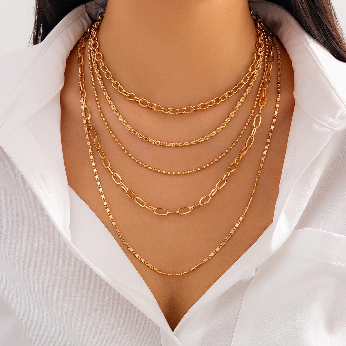 Minimalist 5pcs Gold Plated Cable Rope Ball Chain Necklace Set