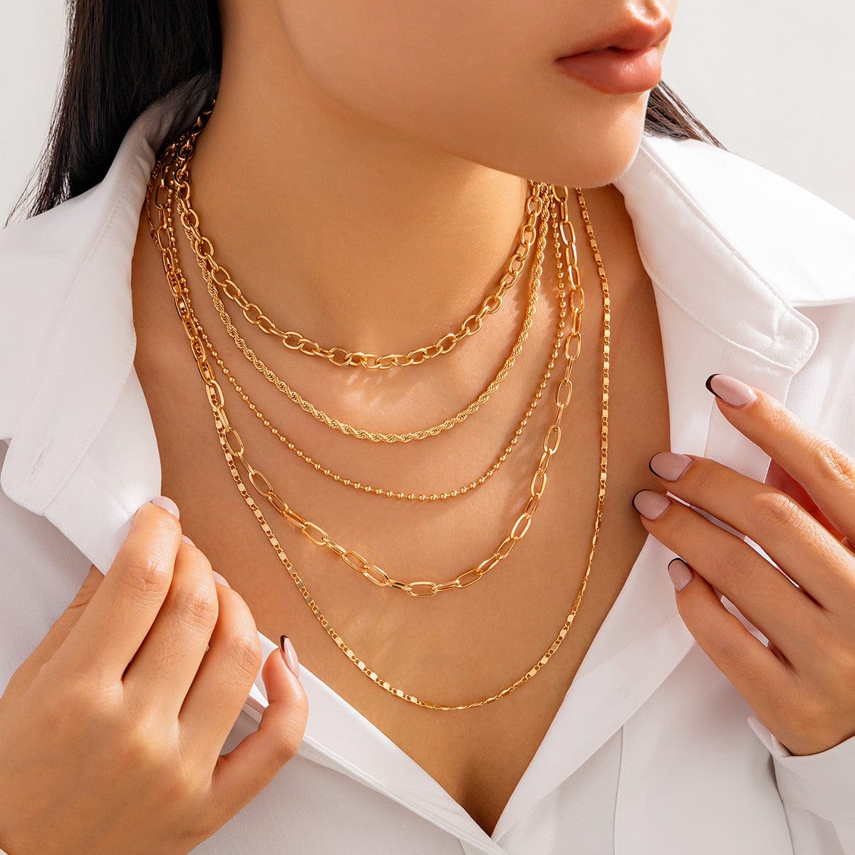 Minimalist 5pcs Gold Plated Cable Rope Ball Chain Necklace Set