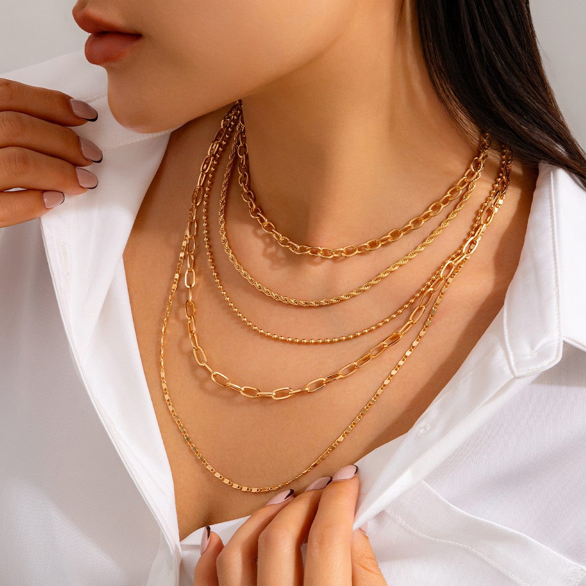 Minimalist 5pcs Gold Plated Cable Rope Ball Chain Necklace Set