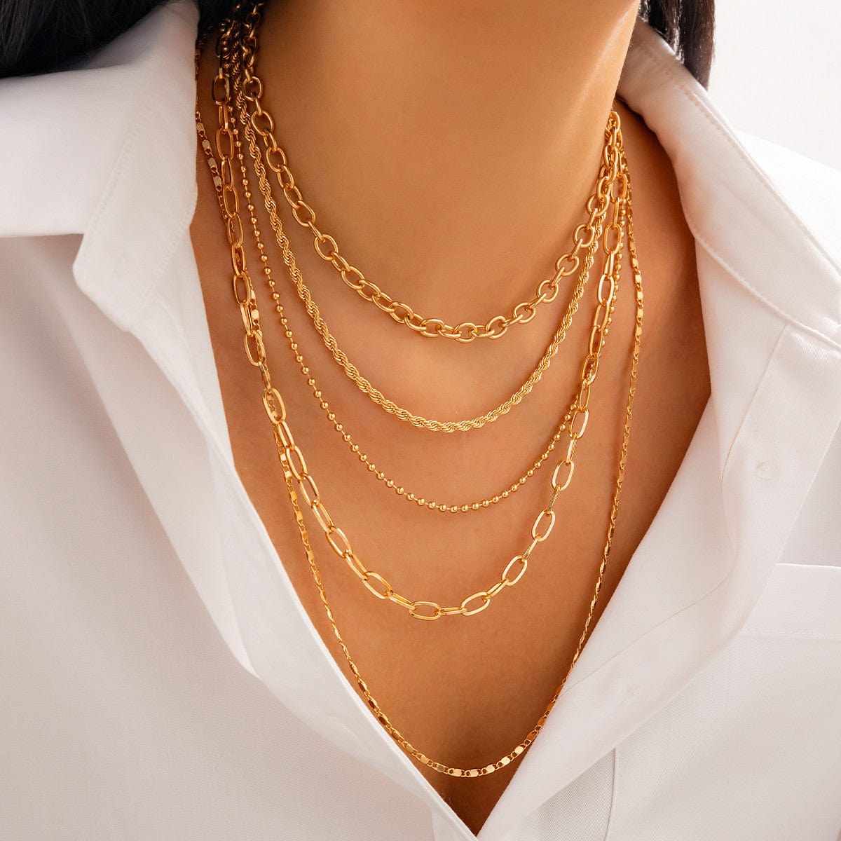 Minimalist 5pcs Gold Plated Cable Rope Ball Chain Necklace Set