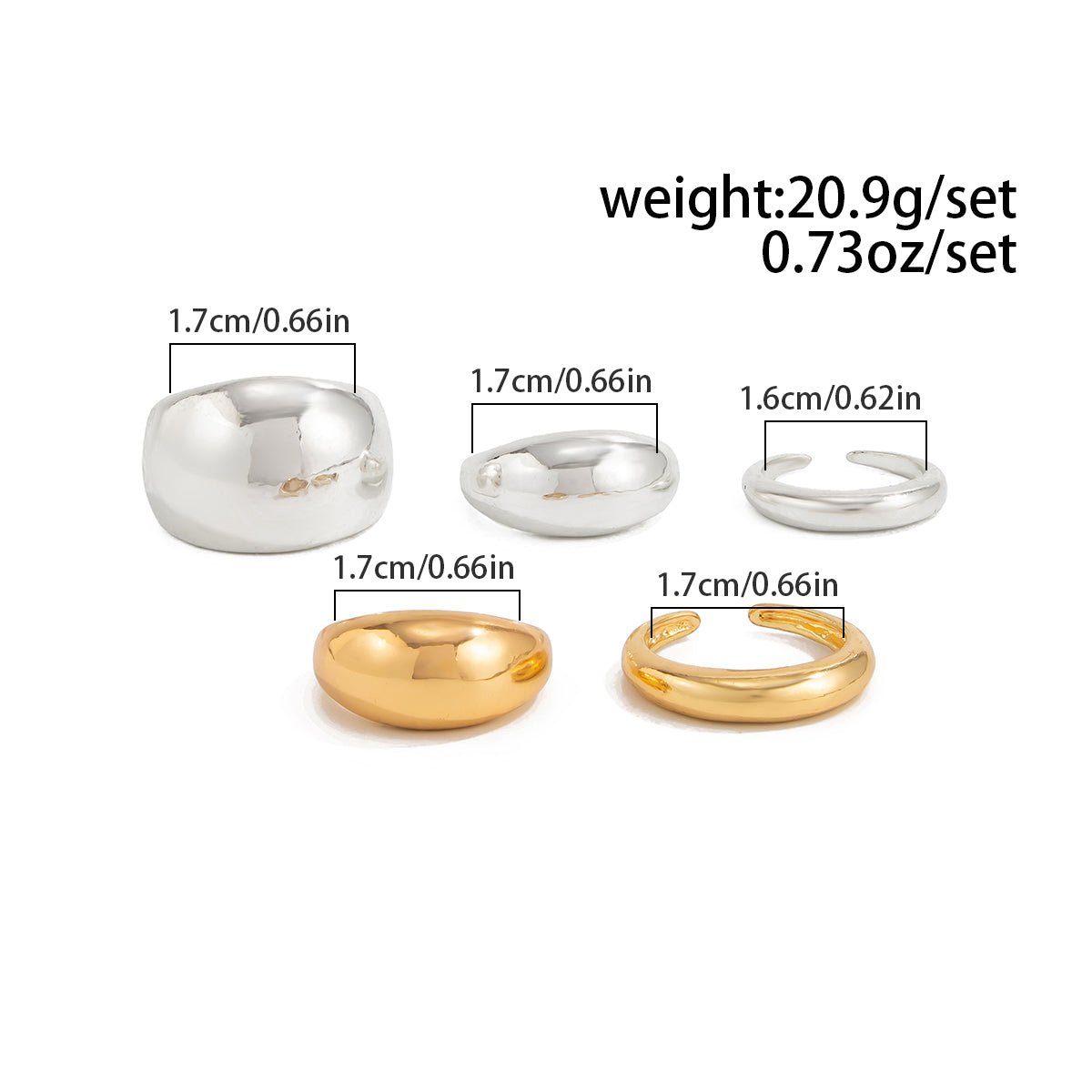 Minimalist 5pcs Gold Silver Tone Glossy Chunky Ring Set - ArtGalleryZen