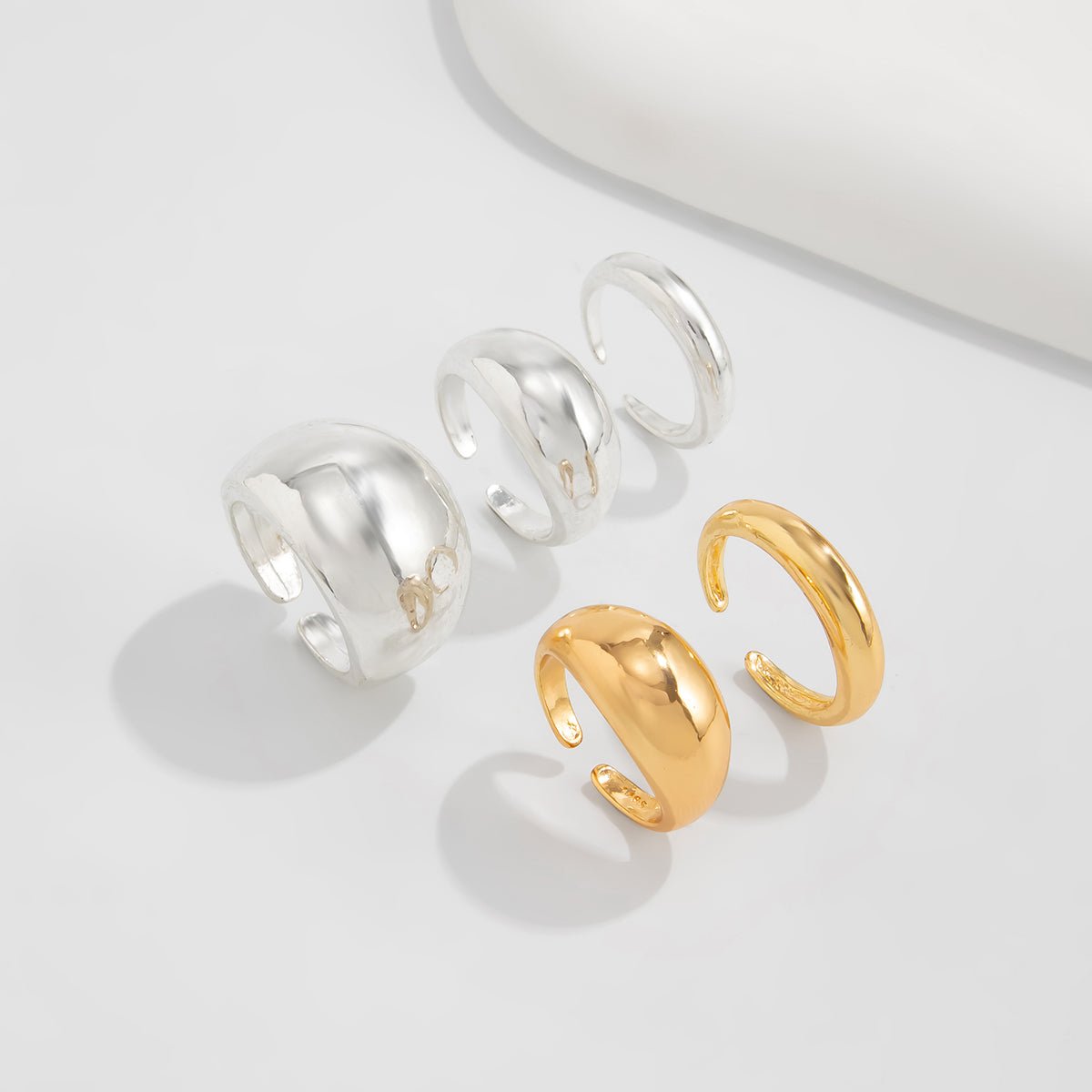 Minimalist 5pcs Gold Silver Tone Glossy Chunky Ring Set - ArtGalleryZen